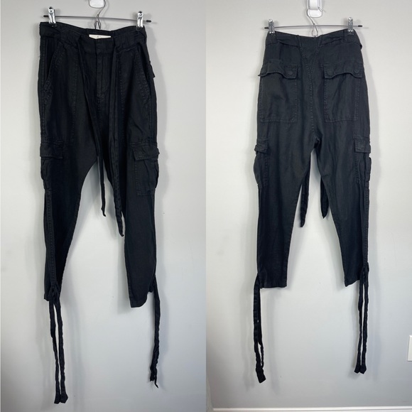 JOIE Erlette Cropped Linen Cargo Pants High Waisted Slouch Waist Ankle Tie Black - Picture 11 of 15